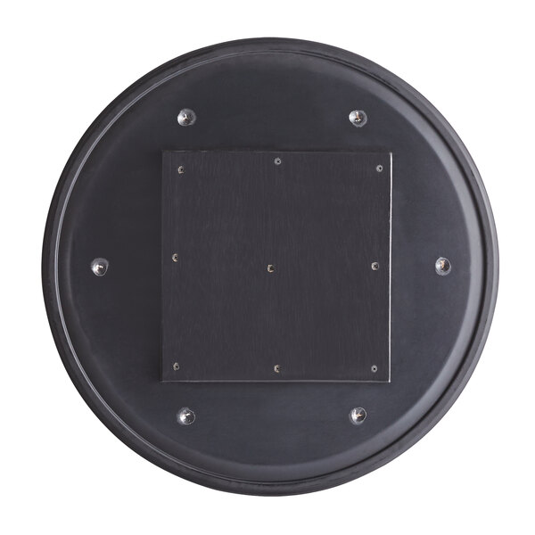 A black circular Lancaster Table & Seating Excalibur table top with a textured square in the center and screw holes.