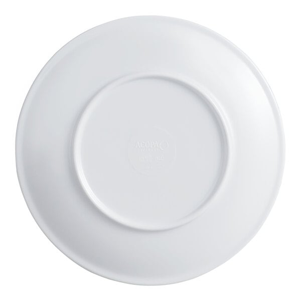 A white, round 7-inch melamine plate shown from the bottom.