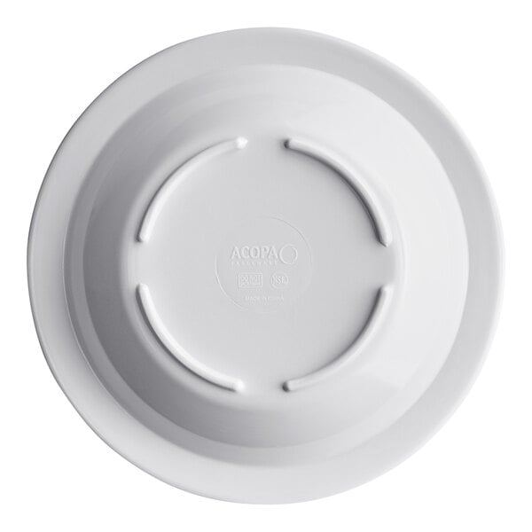 A white melamine bowl shown upside down.