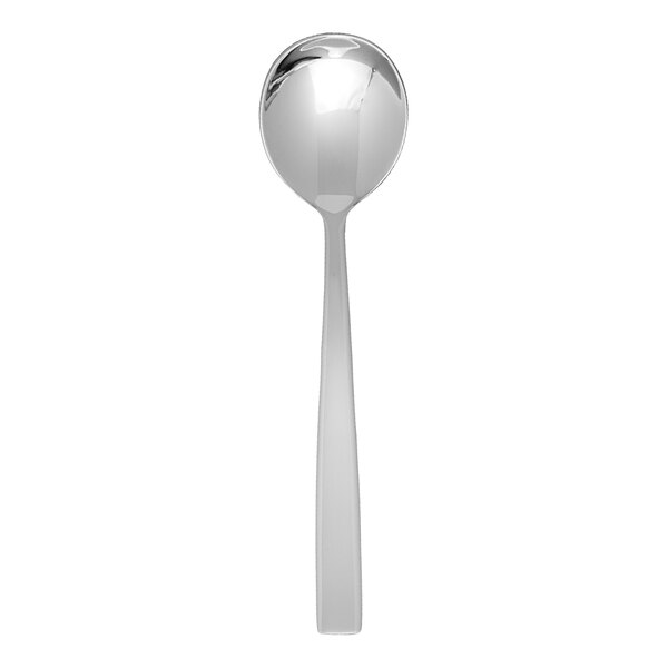 A Fortessa stainless steel bouillon spoon with a black handle.