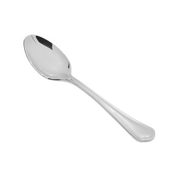 A Fortessa stainless steel demitasse spoon with a white background.