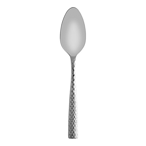 A Fortessa Lucca stainless steel dinner spoon with a faceted handle.