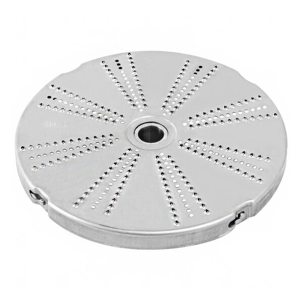 A stainless steel circular Sammic food grating disc with holes.