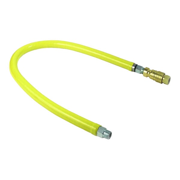 A yellow hose with metal fittings.