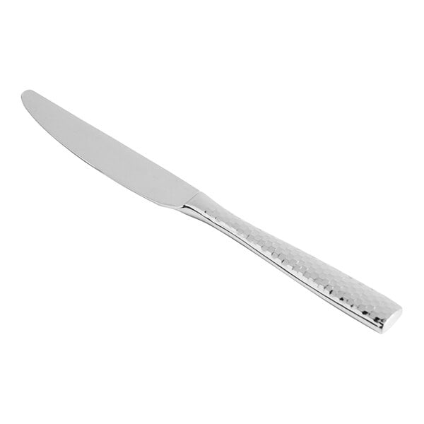 A Fortessa Lucca stainless steel dinner knife with a faceted handle.