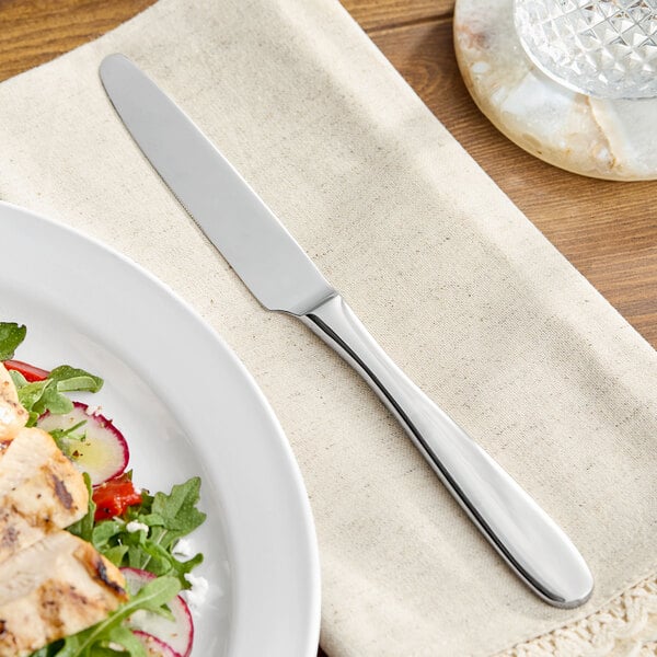 A Fortessa Grand City stainless steel dinner knife on a plate of food.