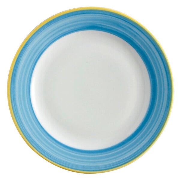 A white porcelain plate with a rolled edge and a blue and yellow rim.