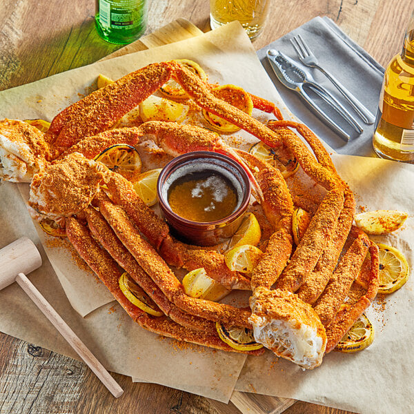 A crab leg with sauce and lemon slices on a table.