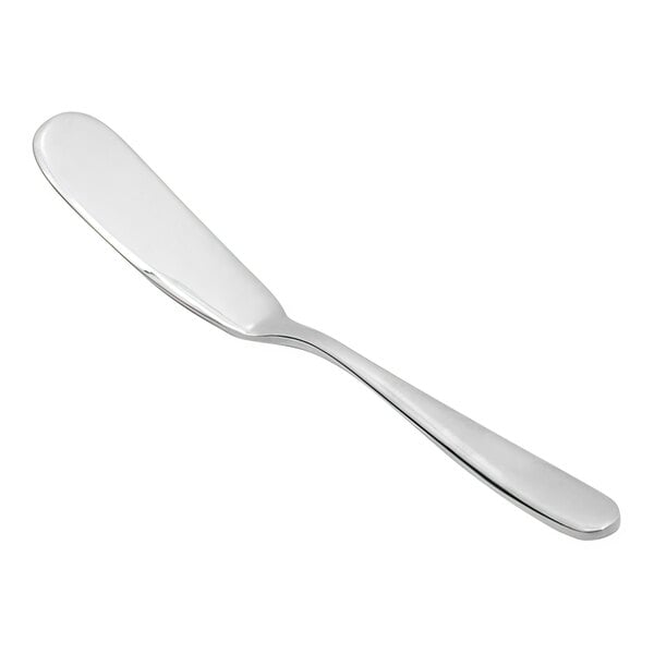 A Fortessa stainless steel butter spreader with a white handle.