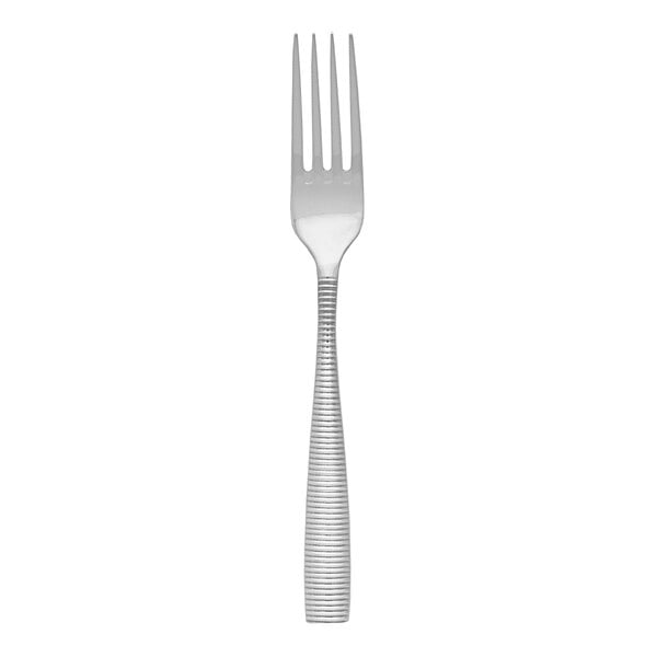 A silver Fortessa Ringo dinner fork with a curved handle.