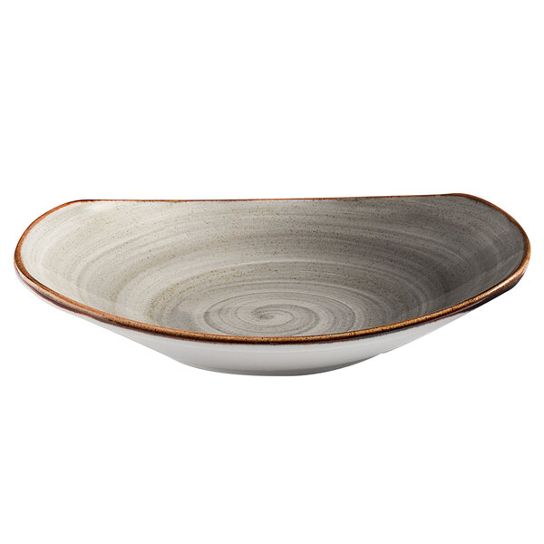 A grey porcelain coupe bowl with a spiral pattern on the rim.