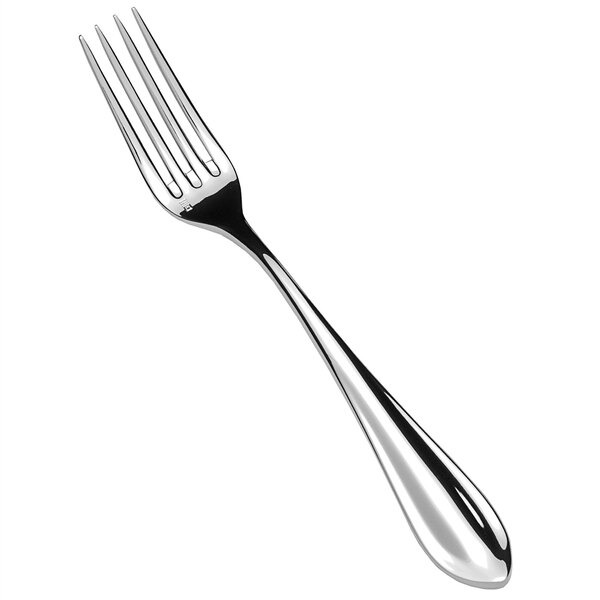 A close-up of a Fortessa stainless steel dinner fork with a silver handle.