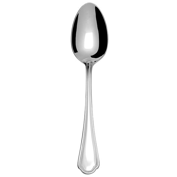 A Fortessa Medici stainless steel coffee spoon with a black handle on a white background.