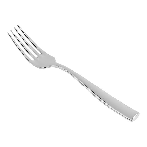 A silver Fortessa Lucca dinner fork with a white background.