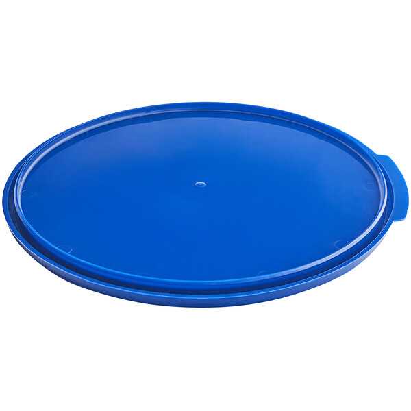 A blue polypropylene lid with a handle.