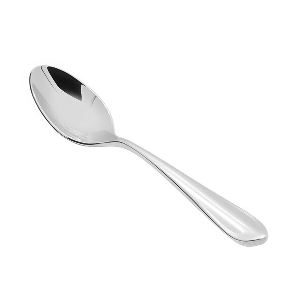 A Fortessa stainless steel demitasse spoon with extra heavy weight.