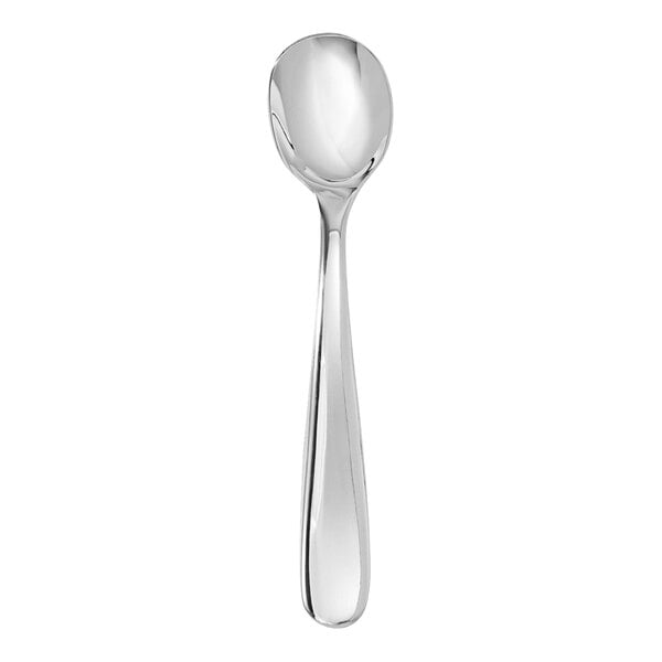 A close-up of a Fortessa stainless steel salt/spice spoon with a silver finish.