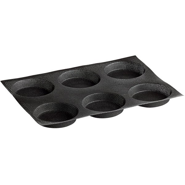 a black baking tray with holes