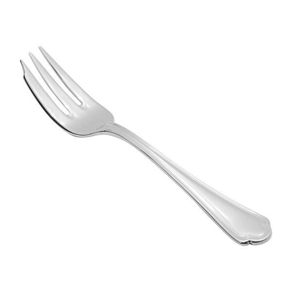 A close-up of a Fortessa silver stainless steel Medici cake fork.