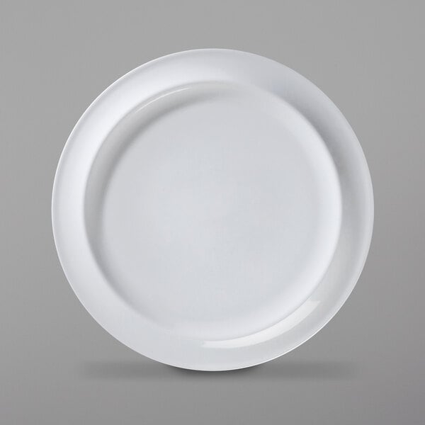 A close-up of a Corona by GET Enterprises bright white porcelain plate with a white border.