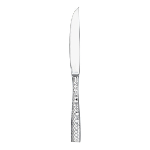 A silver Fortessa Lucca steak knife with a faceted handle.