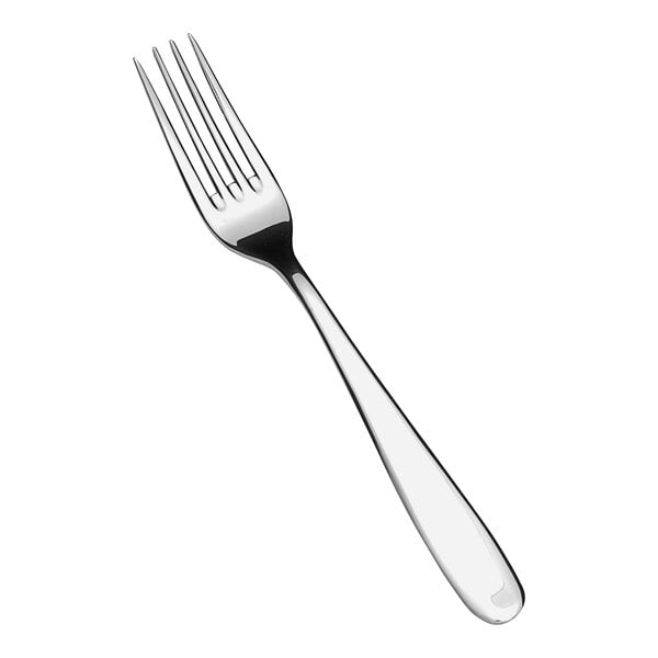 A close-up of a Fortessa stainless steel dinner fork with a silver handle.