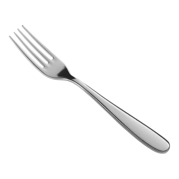 A close-up of a Fortessa Grand City stainless steel dinner fork.