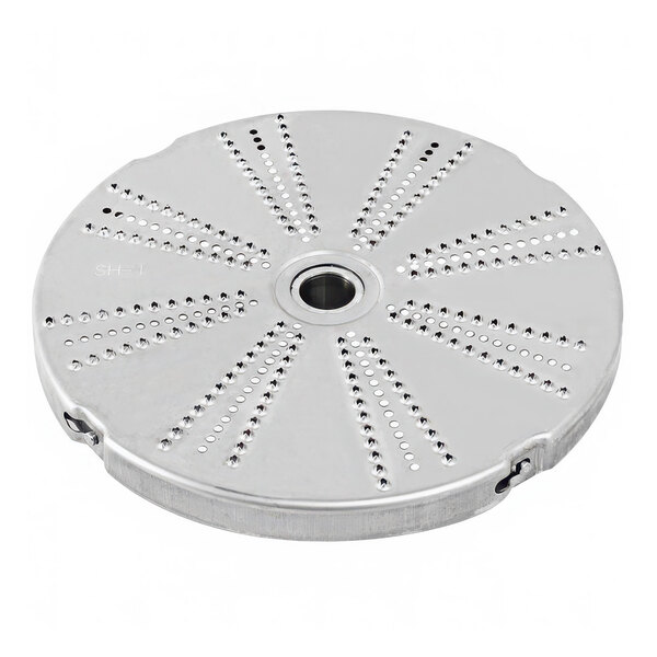 A stainless steel circular food grater disc with 5/64" holes.