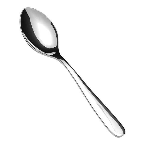 A close-up of a Fortessa stainless steel small coffee spoon with a silver handle.