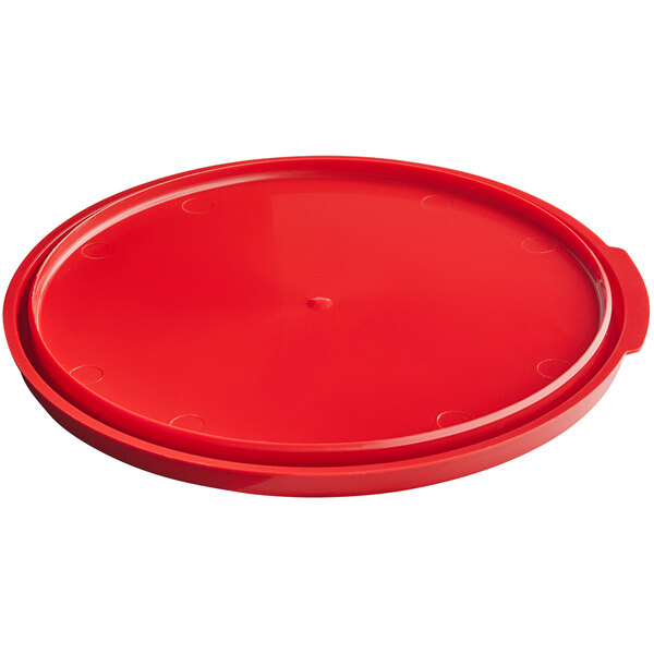 A red plastic Vigor food storage container lid.