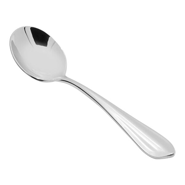 A Fortessa stainless steel bouillon spoon with a black handle.