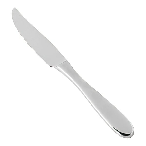 A close-up of a Fortessa Grand City stainless steel steak knife with a white background.