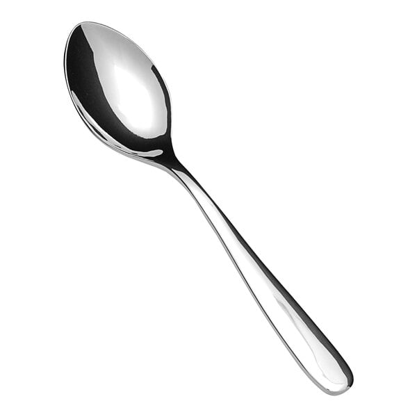 A close-up of a Fortessa stainless steel dessert/soup spoon with a silver handle.