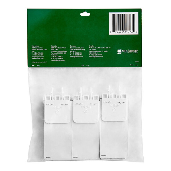 A green package with white text containing three blue rectangular San Jamar Mani-Kare strip bandage packages.
