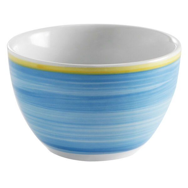 A close up of a blue and yellow striped Corona by GET Enterprises bouillon bowl.