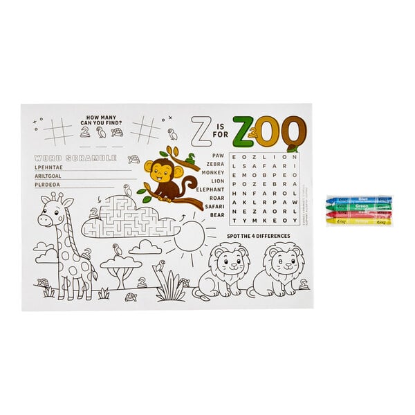Choice 10" x 14" Kids Zoo Themed Interactive Placemat with 4 Pack Triangular Kids' Restaurant Crayons in Cello Wrap - 1,000/Case