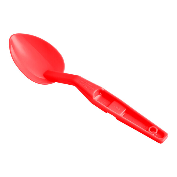 A red plastic Cambro salad bar spoon with a handle.