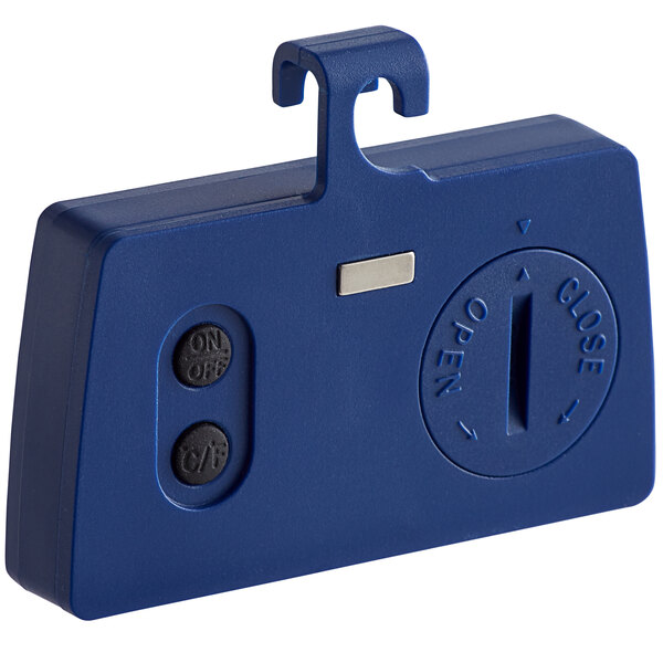 A blue plastic Comark DRF1 Digital Refrigerator / Freezer Thermometer with a hole in the center.