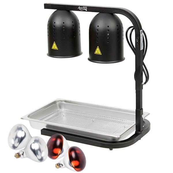 Avantco W62BLK Black 2 Bulb Free Standing Heat Lamp / Food Warmer with Red Bulbs, Pan, and