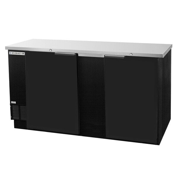 A black Beverage-Air wine refrigerator with two doors.