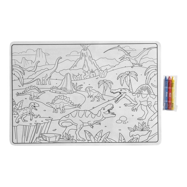 A double-sided kids' placemat featuring a dinosaur scene for coloring, accompanied by a pack of three crayons.
