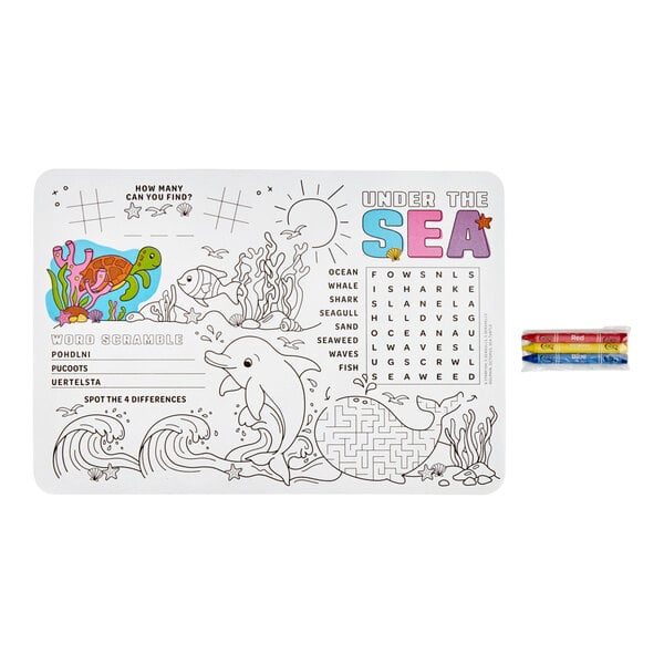 A children's placemat featuring under the sea themed activities such as coloring, word search, word scramble, spot the difference, and a maze, with some areas partially colored and three crayons included on the side.