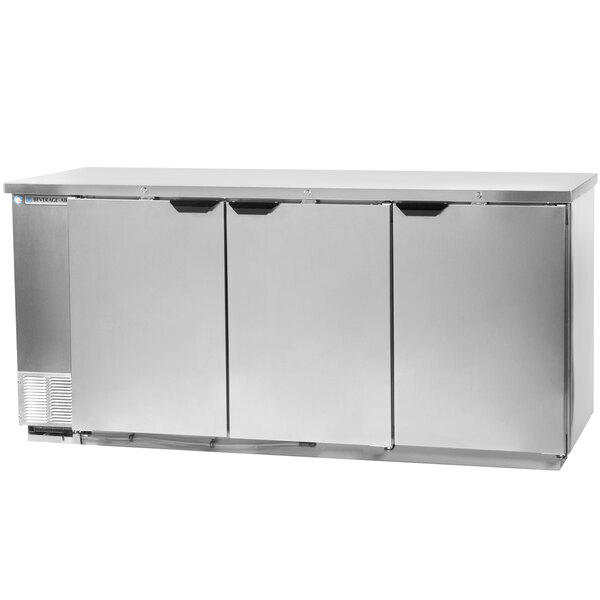 A stainless steel Beverage-Air wine refrigerator with three doors.