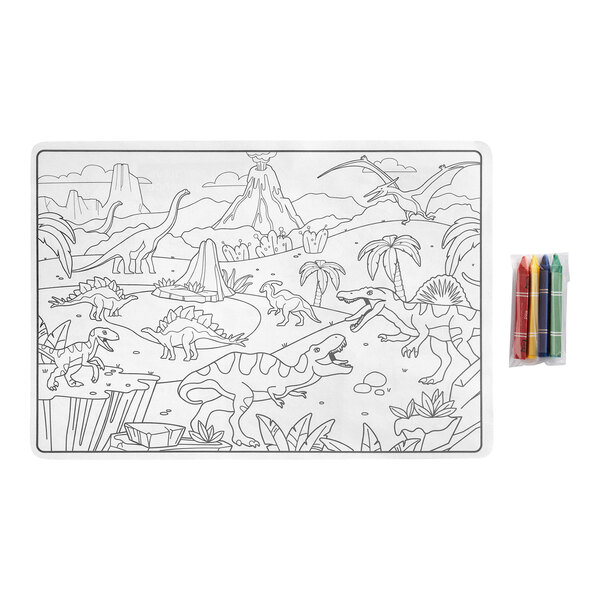 A double-sided kids' placemat featuring a dinosaur scene for coloring, accompanied by a pack of four triangular crayons.