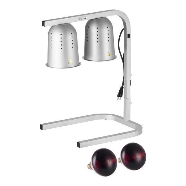 A silver, free-standing two-bulb heat lamp food warmer with two red bulbs included.