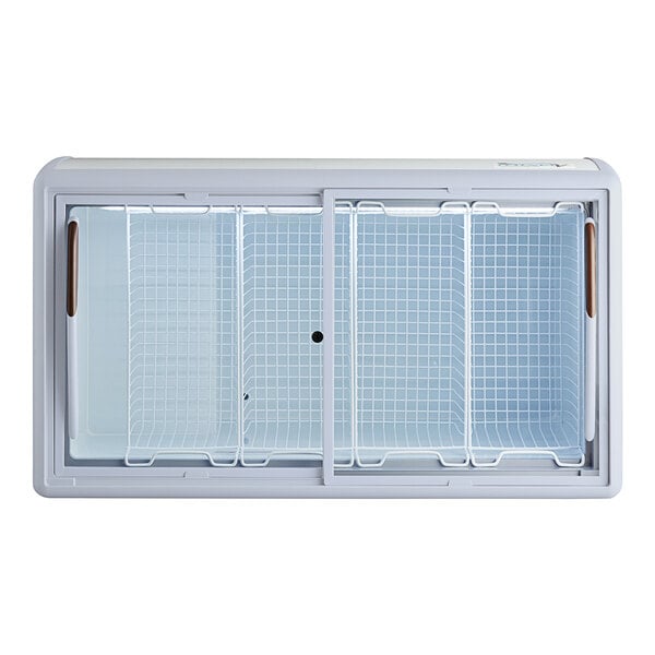 An Avantco white flat top display ice cream freezer with sliding glass doors.