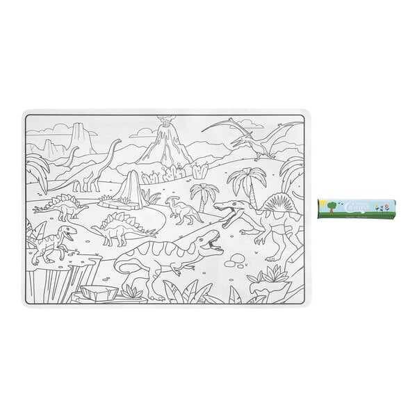 A double-sided kids' placemat featuring a dinosaur scene for coloring, accompanied by a pack of three triangular crayons.