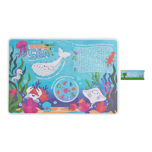 A kids' interactive placemat with an under the sea theme, featuring games and activities, accompanied by a small pack of crayons.