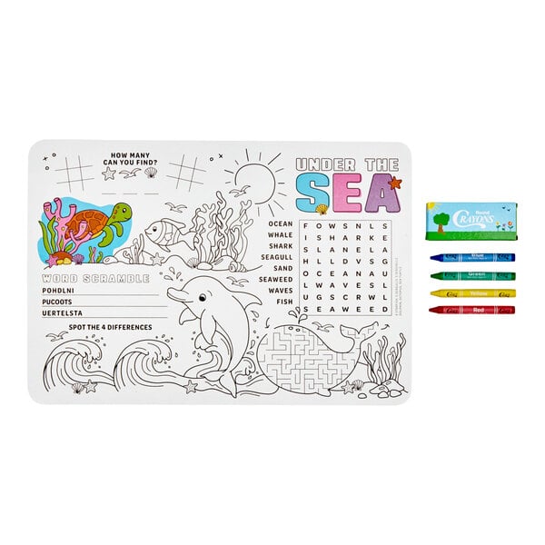 A children's placemat featuring under the sea themed activities such as coloring, word search, word scramble, spot the differences, and a maze, accompanied by a pack of four colored crayons.