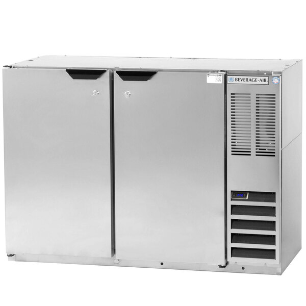 A silver stainless steel Beverage-Air back bar refrigerator with two doors.